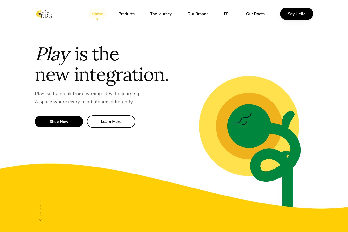 Sunflower Petals homepage with playful typography and a green character against a yellow sunflower